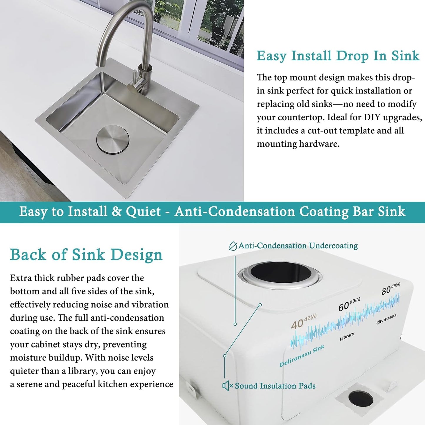 15 Inch Bar Sink Drop In - Delironexu 18 Gauge Stainless Steel Small Kitchen Sink, 15"x15" Single Bowl Square Wet Bar with Brushed Finish for Outdoor, RV, and Prep Use