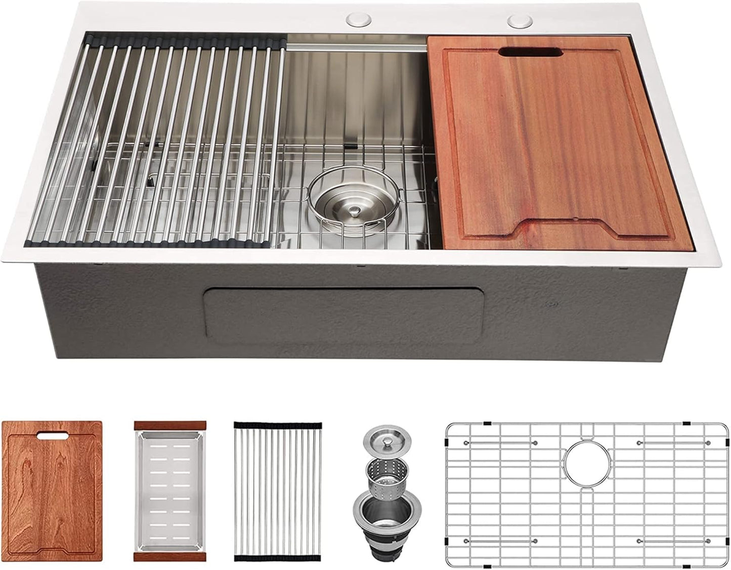 Lordear 33 Drop In Kitchen Sink Workstation 33x22 Kitchen Sinks Drop In Stainless Steel 16 Gauge Single Bowl Handmade Topmount Sink with Cutting Board