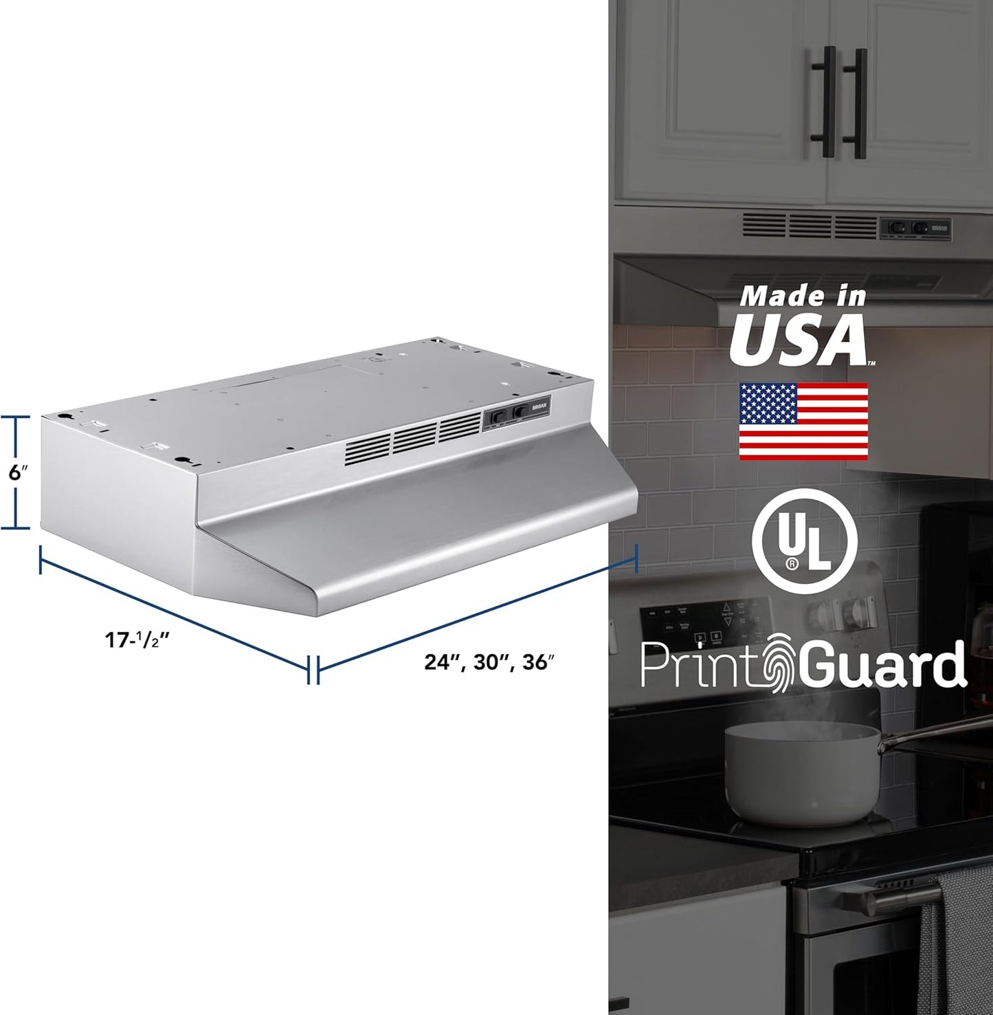 Broan-NuTone 4130SF Fingerprint Resistant Ductless Under-Cabinet Range Hood, 30-Inch, Stainless Finish with Print Guard