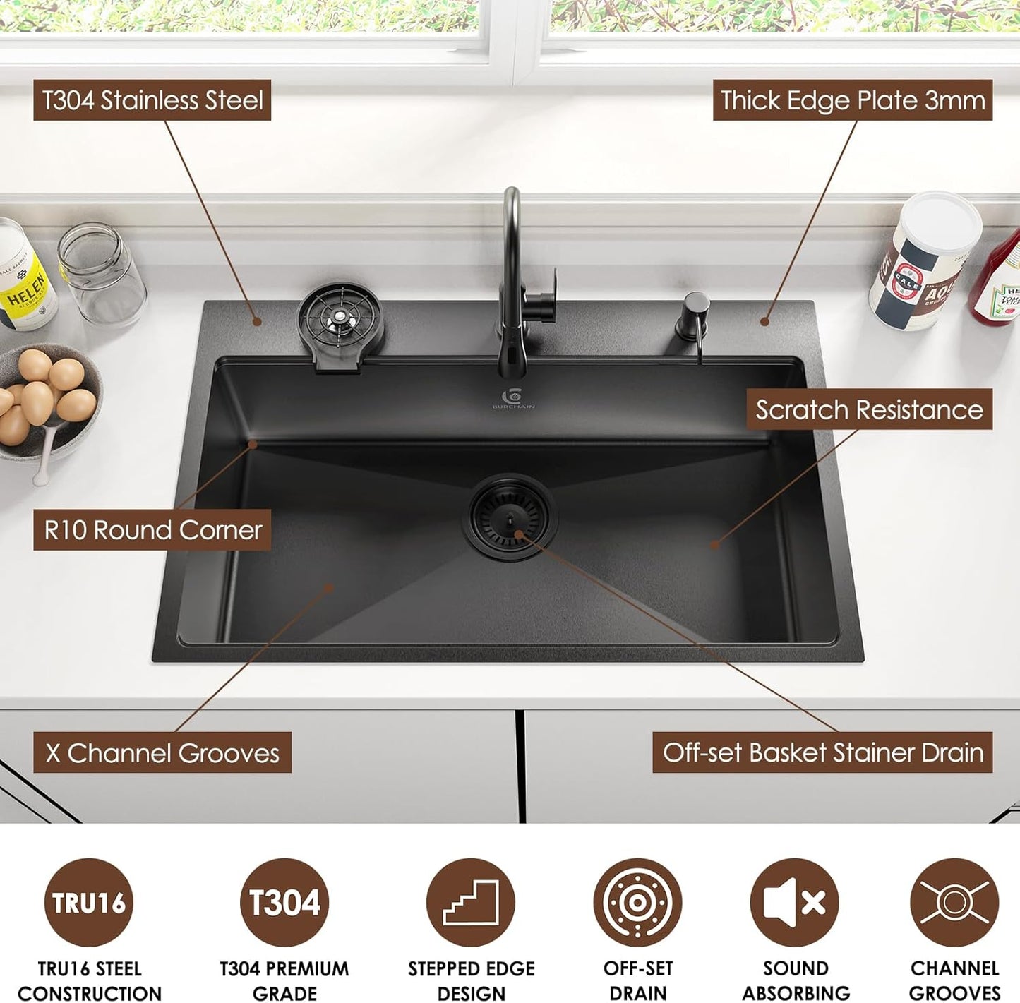 33x22 Inch Kitchen Sink Black Drop In Stainless Steel Kitchen Sinks 16 Gauge Single Bowl Workstation Luxury Top Mount Sink with 6 Accessories Include Glass Rinser (Black)