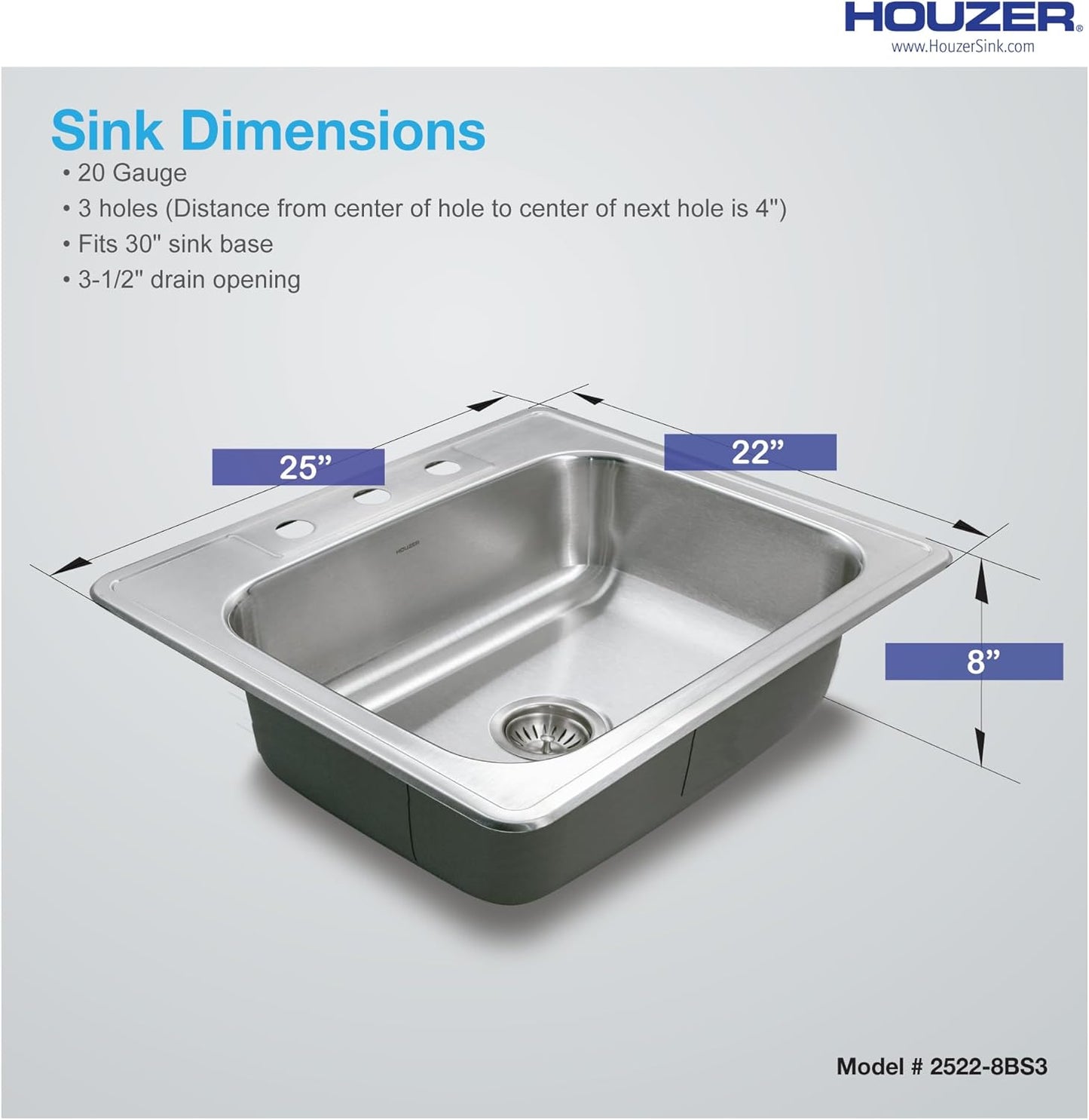 Houzer Stainless Steel 2522-8BS3-1 Glowtone Series Kitchen Sink - 25" Topmount Drop In Multipurpose Sink, Single Bowl Basin, 3 Hole, Ideal for Workstation, RV, Outdoor Kitchen, or Bar