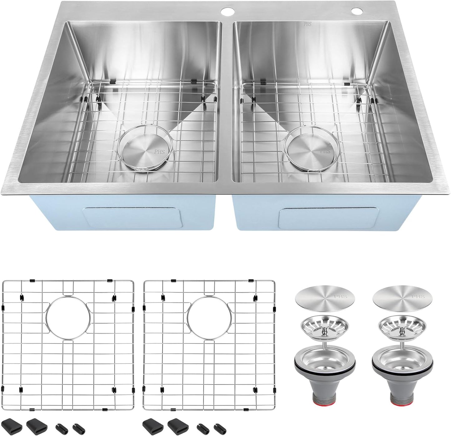 33 Inch Drop In Kitchen Sink Double Bowl-32x22 Top Mount Sink Double Stainless Steel 16 Gauge Deep 50/50 Handmade Double Bowl Sinks