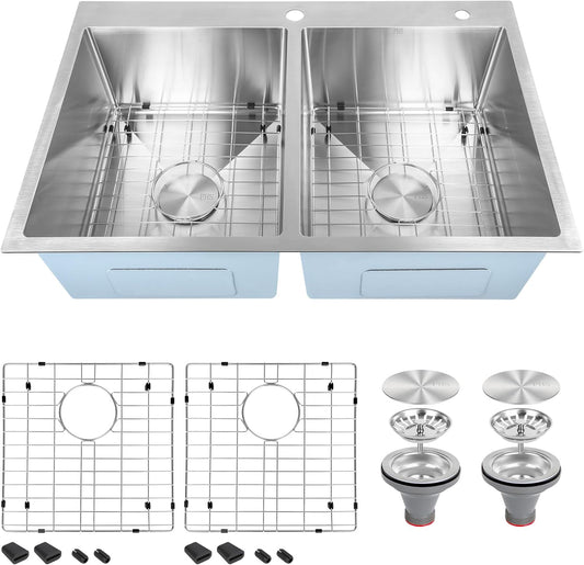 33 Inch Drop In Kitchen Sink Double Bowl-32x22 Top Mount Sink Double Stainless Steel 16 Gauge Deep 50/50 Handmade Double Bowl Sinks