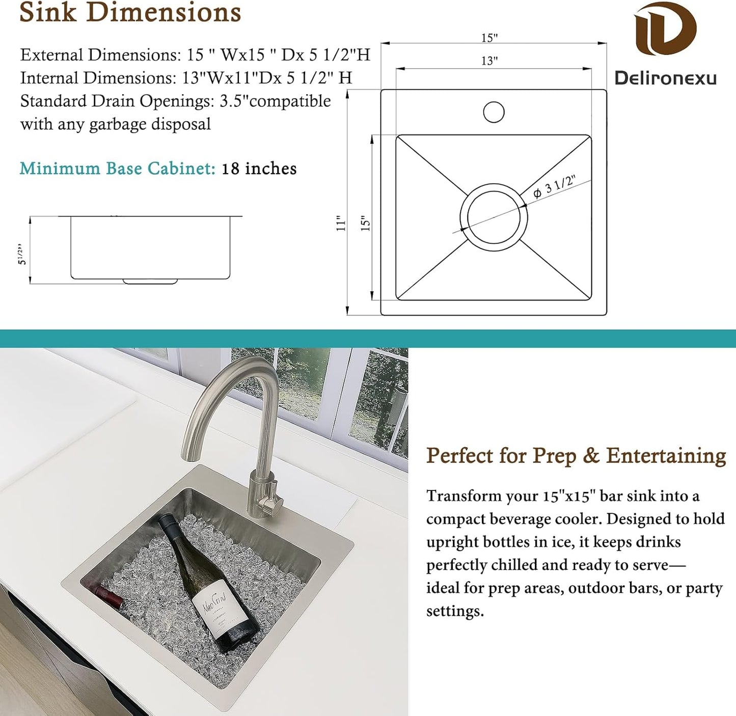 15 Inch Bar Sink Drop In - Delironexu 18 Gauge Stainless Steel Small Kitchen Sink, 15"x15" Single Bowl Square Wet Bar with Brushed Finish for Outdoor, RV, and Prep Use