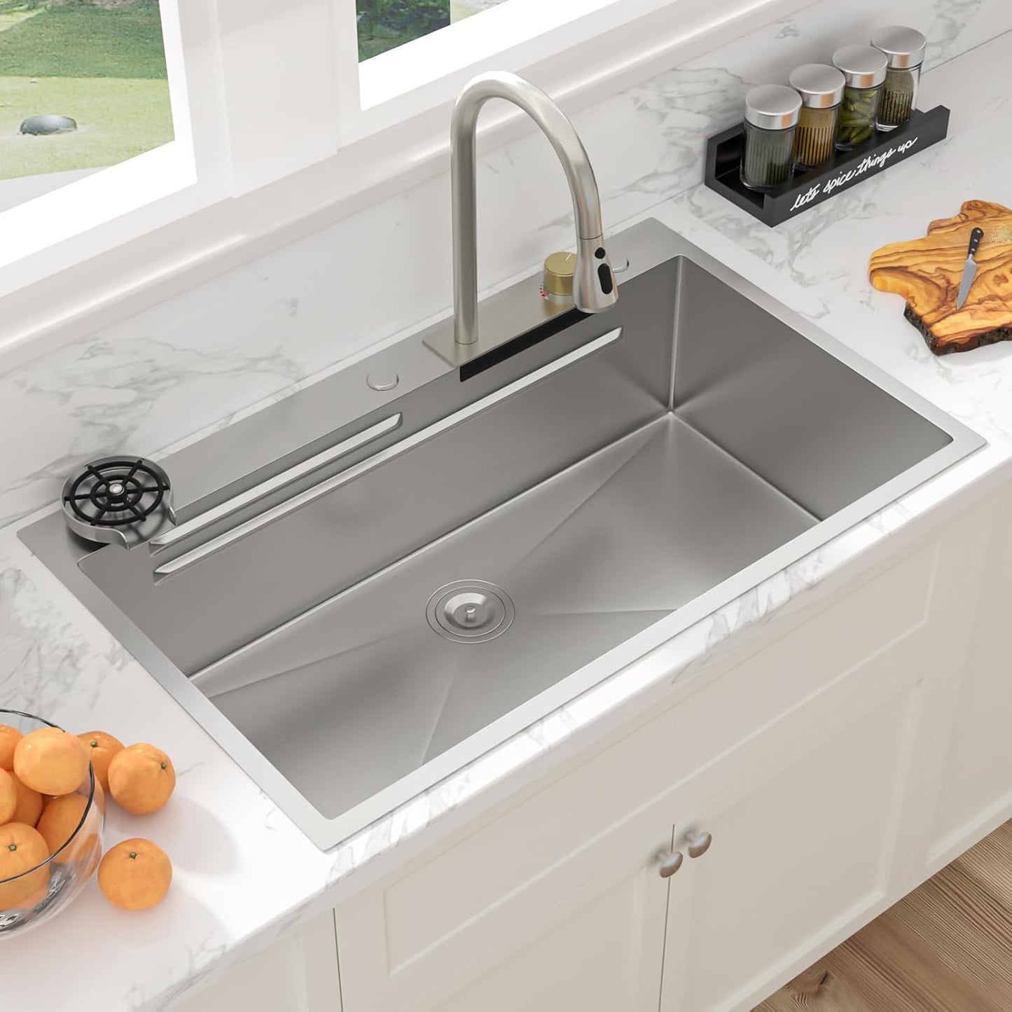 Sarlai 36 Inch Waterfall Kitchen Sink Workstation - 36x22 Waterfall Drop In Sink Stainless Steel 16 Gauge Sink Multifunction Single Bowl Smart Top Mount Kitchen Sinks with Faucet Combo