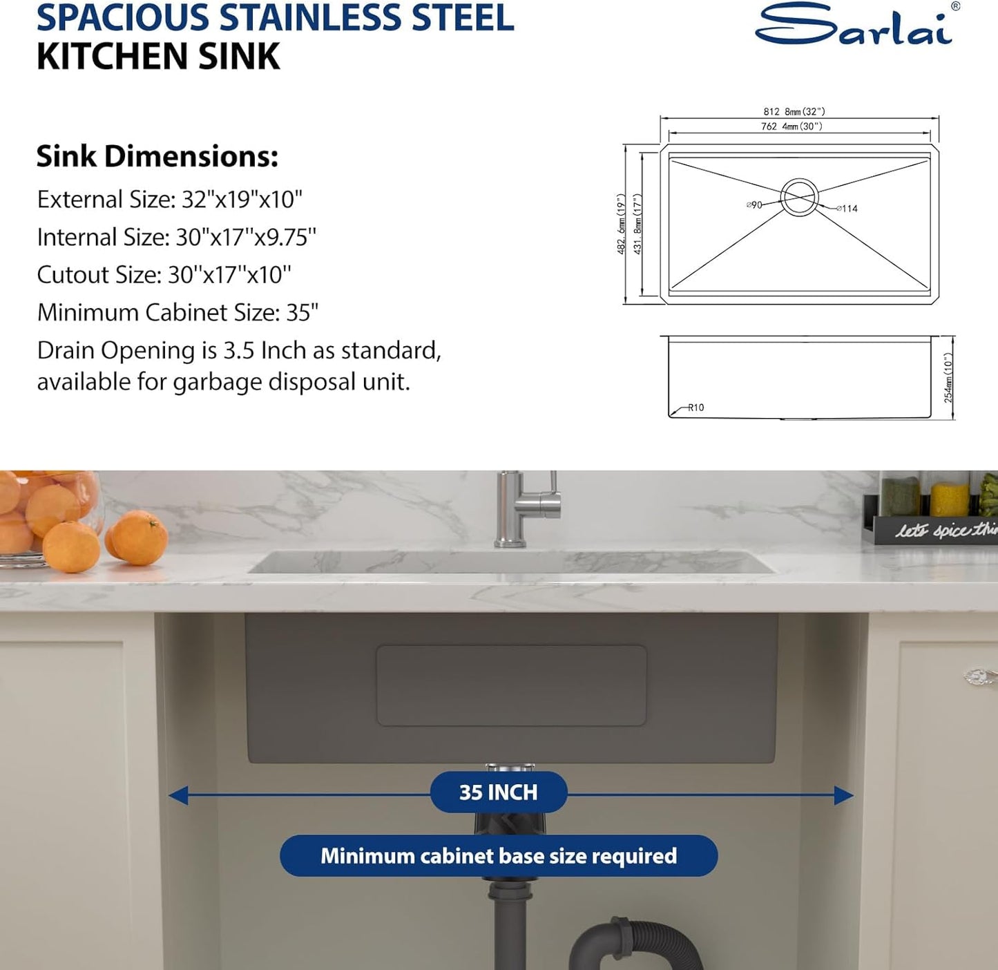 Sarlai 32 Inch Undermount Sink Stainless Steel Undermount Kitchen Sinks Workstation Single Bowl 16 Gauge Under Counter Kitchen Sink Basin 32x19x10 Inch