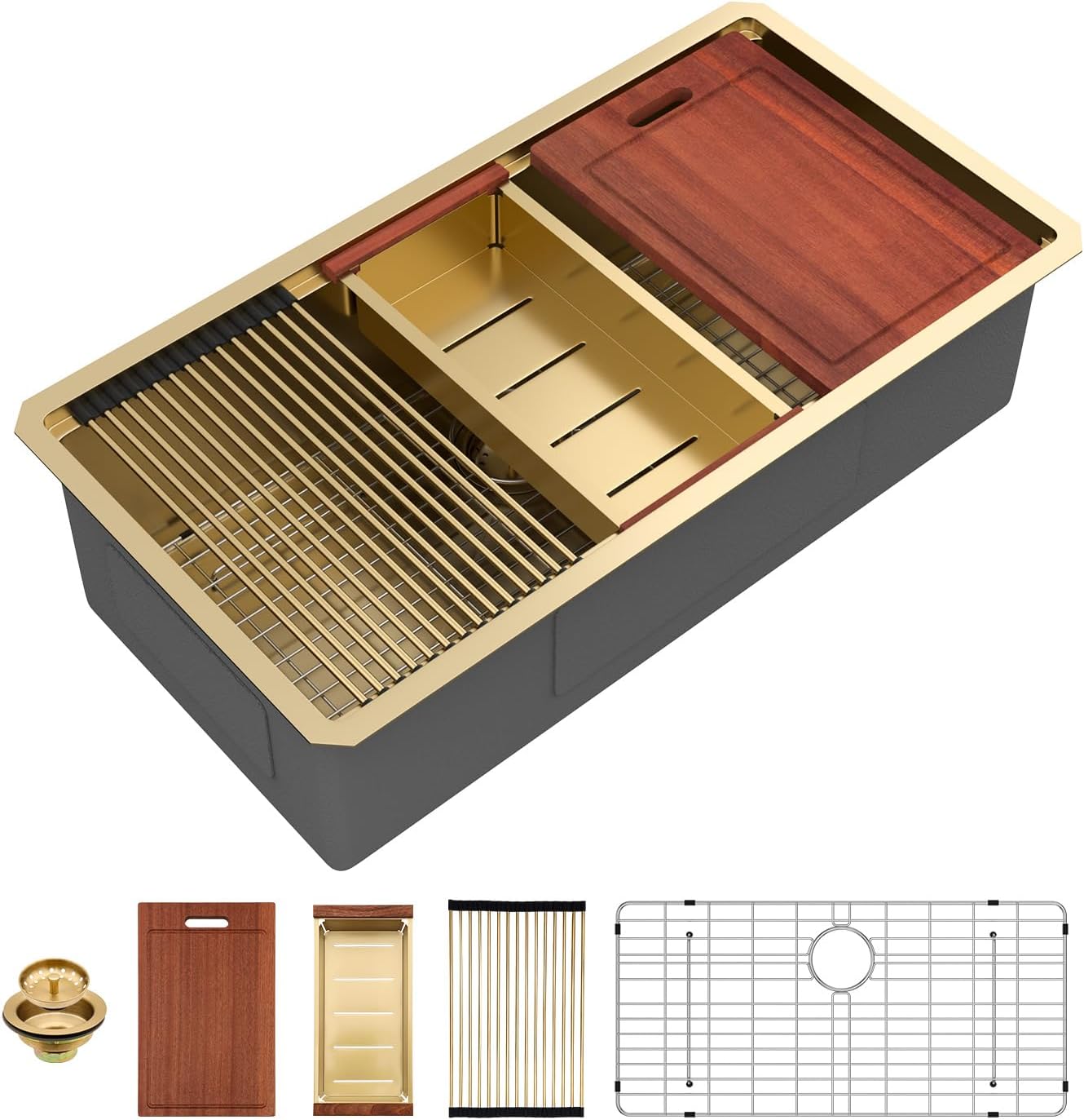 Sarlai 33 Undermount Sink Gold Stainless - 33" x19" Kitchen Sink Ledge Workstation Gold 16 Gauge Stainless Steel Deep Single Bowl Under Counter Rectangular Kitchen Sinks Basin