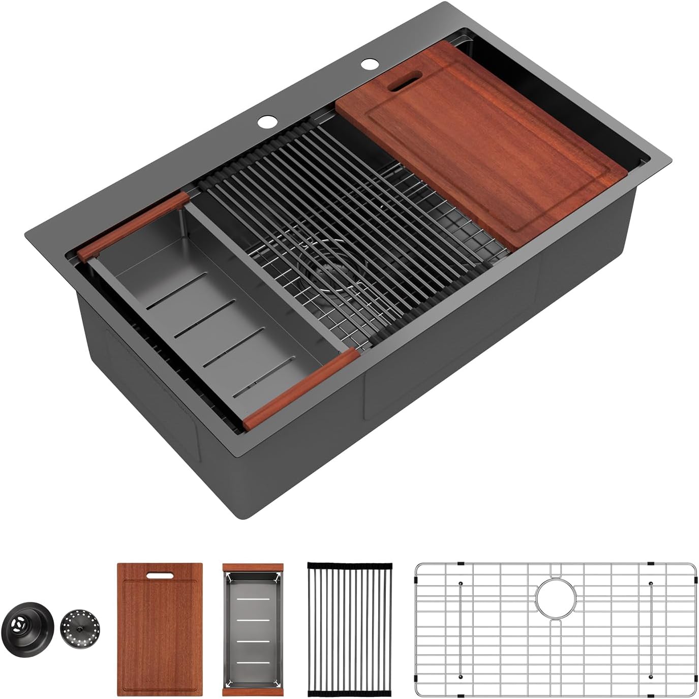 Sarlai 36 Inch Waterfall Kitchen Sink Workstation - 36x22 Waterfall Drop In Sink Stainless Steel 16 Gauge Sink Multifunction Single Bowl Smart Top Mount Kitchen Sinks with Faucet Combo