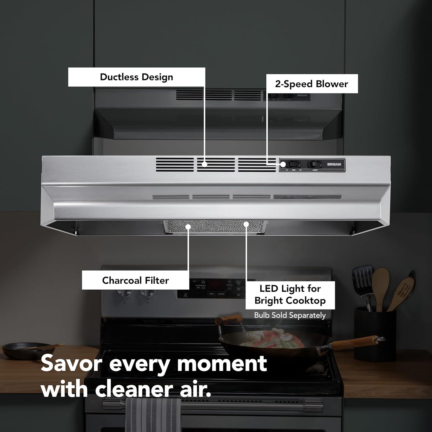 Broan-NuTone 4124SF Inch, 24", Stainless PrintGuard Fingerprint Resistant Ductless Under-Cabinet Range Hood, Stainless Steel Finish