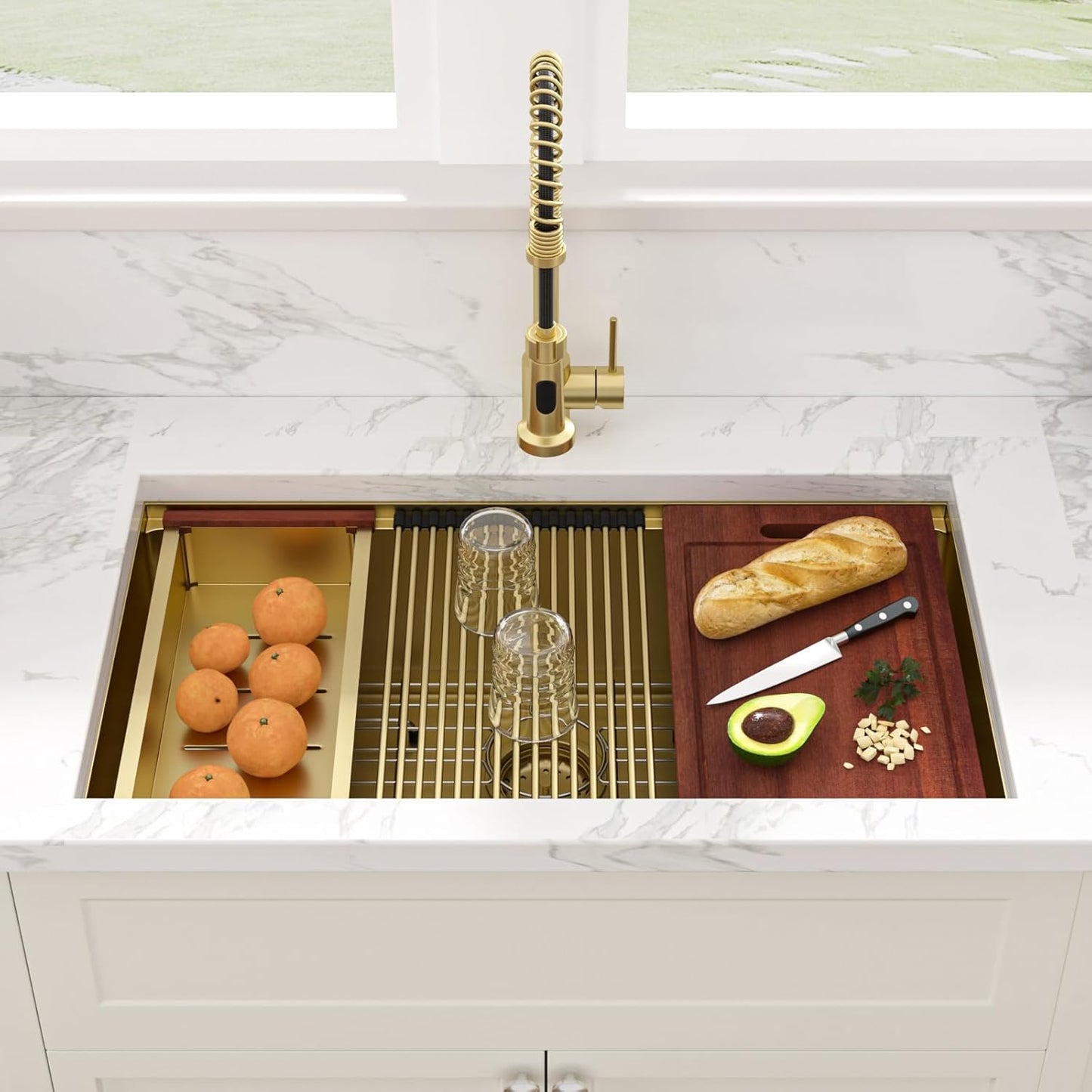 Sarlai 33 Undermount Sink Gold Stainless - 33" x19" Kitchen Sink Ledge Workstation Gold 16 Gauge Stainless Steel Deep Single Bowl Under Counter Rectangular Kitchen Sinks Basin