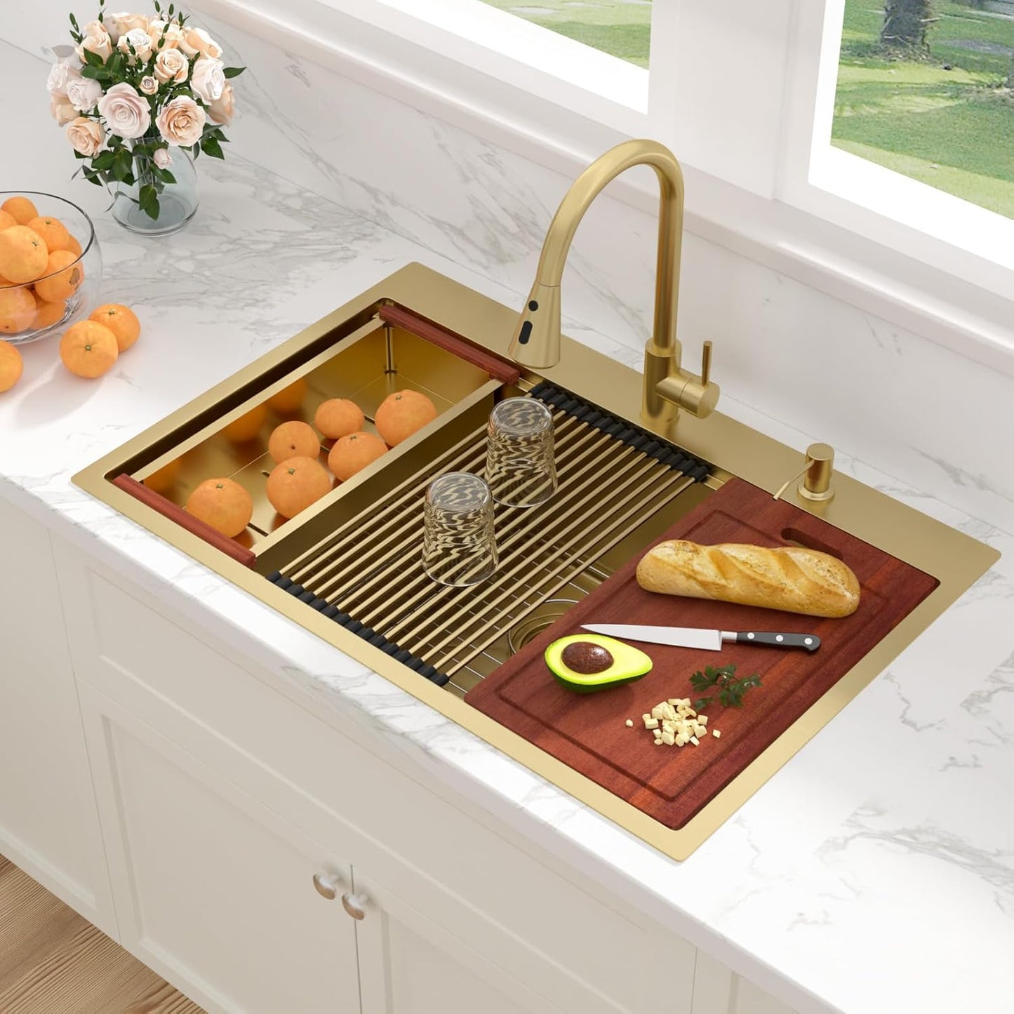 Sarlai 36 Inch Waterfall Kitchen Sink Workstation - 36x22 Waterfall Drop In Sink Stainless Steel 16 Gauge Sink Multifunction Single Bowl Smart Top Mount Kitchen Sinks with Faucet Combo