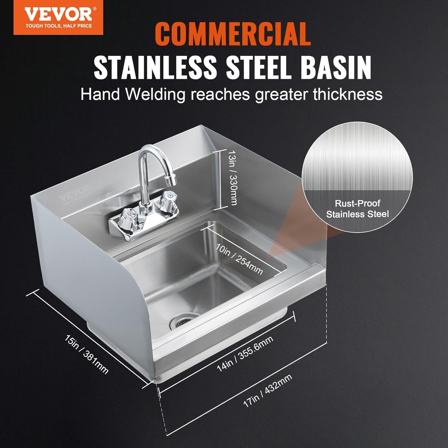 VEVOR Commercial Hand Sink 17x12.8 inch Stainless Steel Sink with Faucet & Side Splash, Wall-Mount Small Hand Basin for Restaurant, Kitchen, Bar, Garage, Home