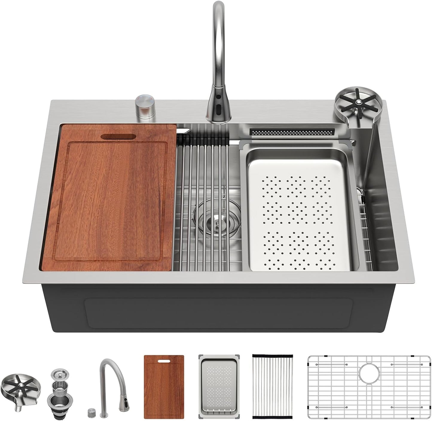 Sarlai 36 Inch Waterfall Kitchen Sink Workstation - 36x22 Waterfall Drop In Sink Stainless Steel 16 Gauge Sink Multifunction Single Bowl Smart Top Mount Kitchen Sinks with Faucet Combo
