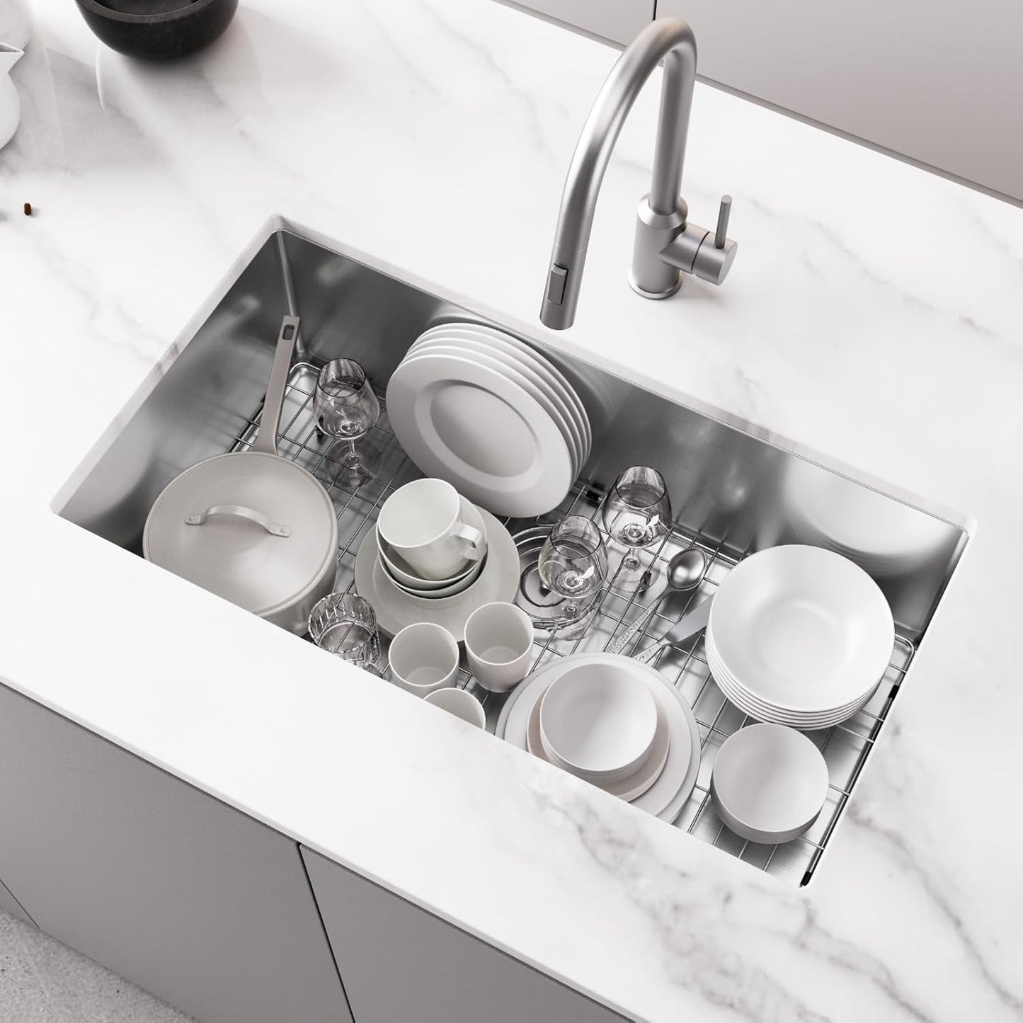 32x18 Undermount Kitchen Sink, WATERLACE Premium 16 Gauge 304 Stainless Steel Handmade Modern Kitchen Sink with Bottom Grid & Drain Assembly