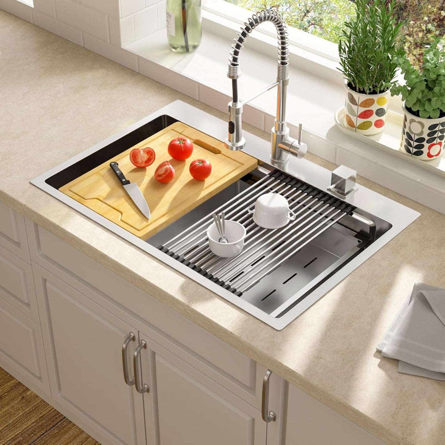 Lordear 33 Drop In Kitchen Sink Workstation 33x22 Kitchen Sinks Drop In Stainless Steel 16 Gauge Single Bowl Handmade Topmount Sink with Cutting Board