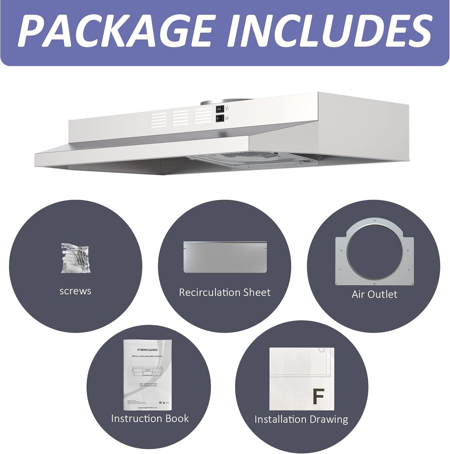 FIREGAS 30 inch Range Hood Under Cabinet, Ducted/Ductless Convertible Stainless Steel Kitchen Range Hood with Rocker Button Control, 2 Speed Exhaust Fan, 300 CFM Aluminum Filter Included