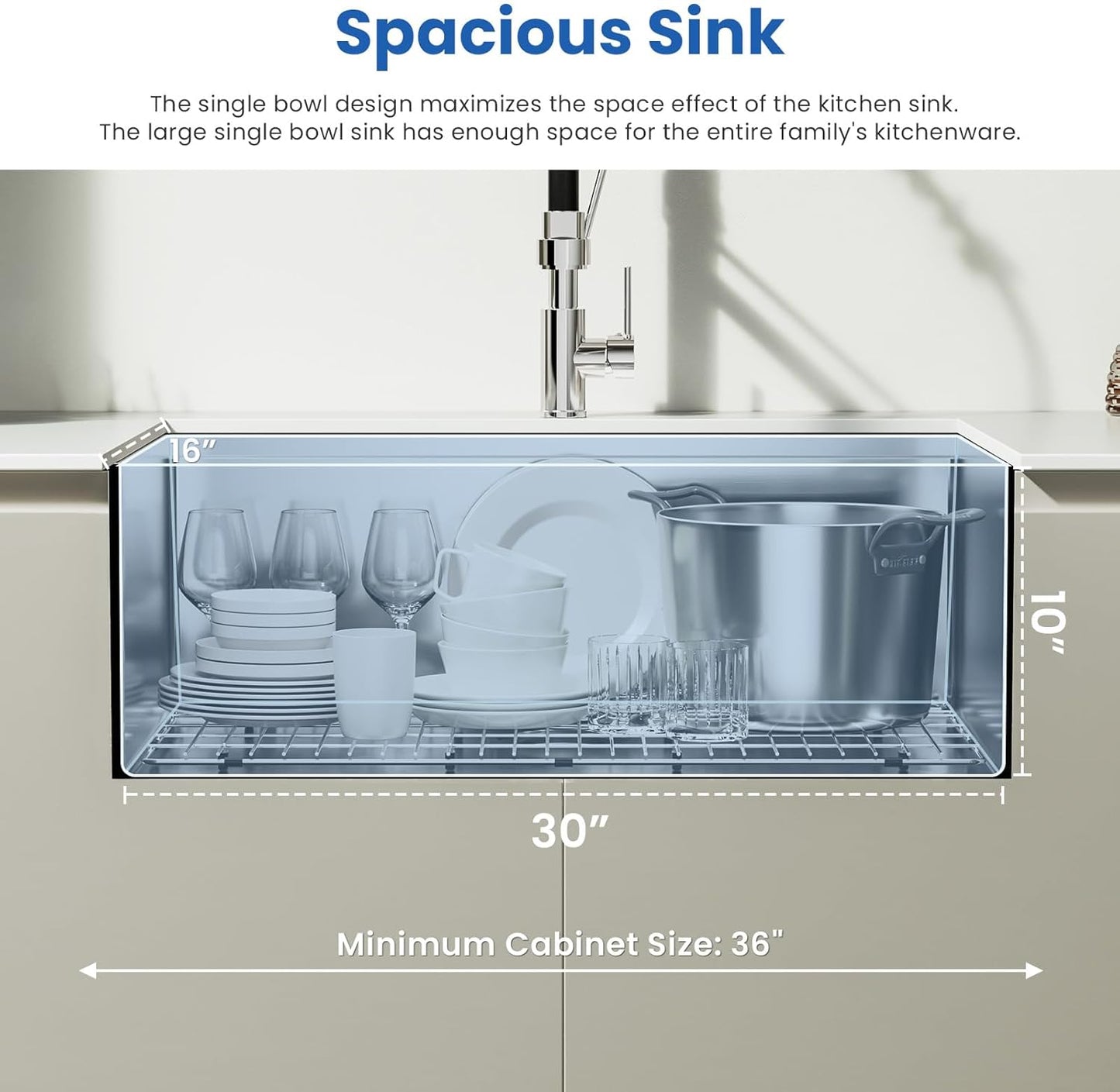 32x18 Undermount Kitchen Sink, WATERLACE Premium 16 Gauge 304 Stainless Steel Handmade Modern Kitchen Sink with Bottom Grid & Drain Assembly