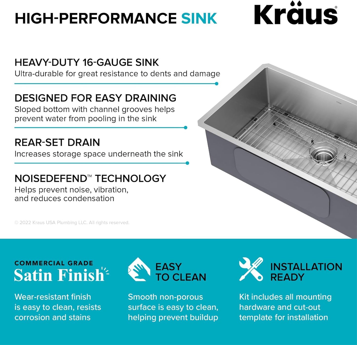 Kraus KHU100-32 Standart PRO 16 Gauge Undermount Single Bowl Stainless Steel Kitchen Sink, 32 Inch