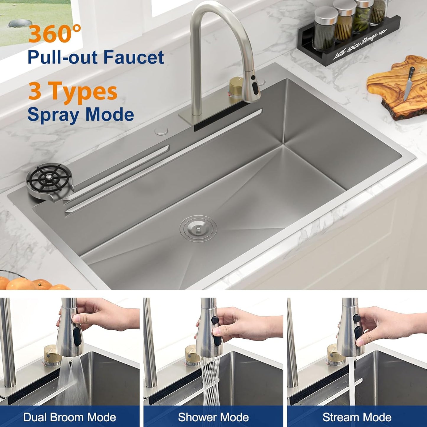 Sarlai 36 Inch Waterfall Kitchen Sink Workstation - 36x22 Waterfall Drop In Sink Stainless Steel 16 Gauge Sink Multifunction Single Bowl Smart Top Mount Kitchen Sinks with Faucet Combo