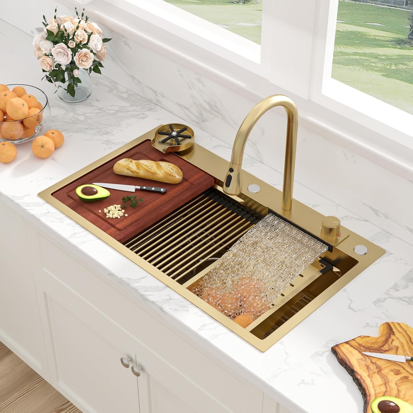 Sarlai 36 Inch Waterfall Kitchen Sink Workstation - 36x22 Waterfall Drop In Sink Stainless Steel 16 Gauge Sink Multifunction Single Bowl Smart Top Mount Kitchen Sinks with Faucet Combo