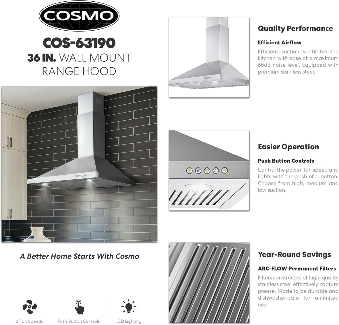 COSMO COS-63190 36 in. Vista Collection 380 CFM Ducted Wall Mount Range Hood, Button Controls, LED Lights, Stainless Steel