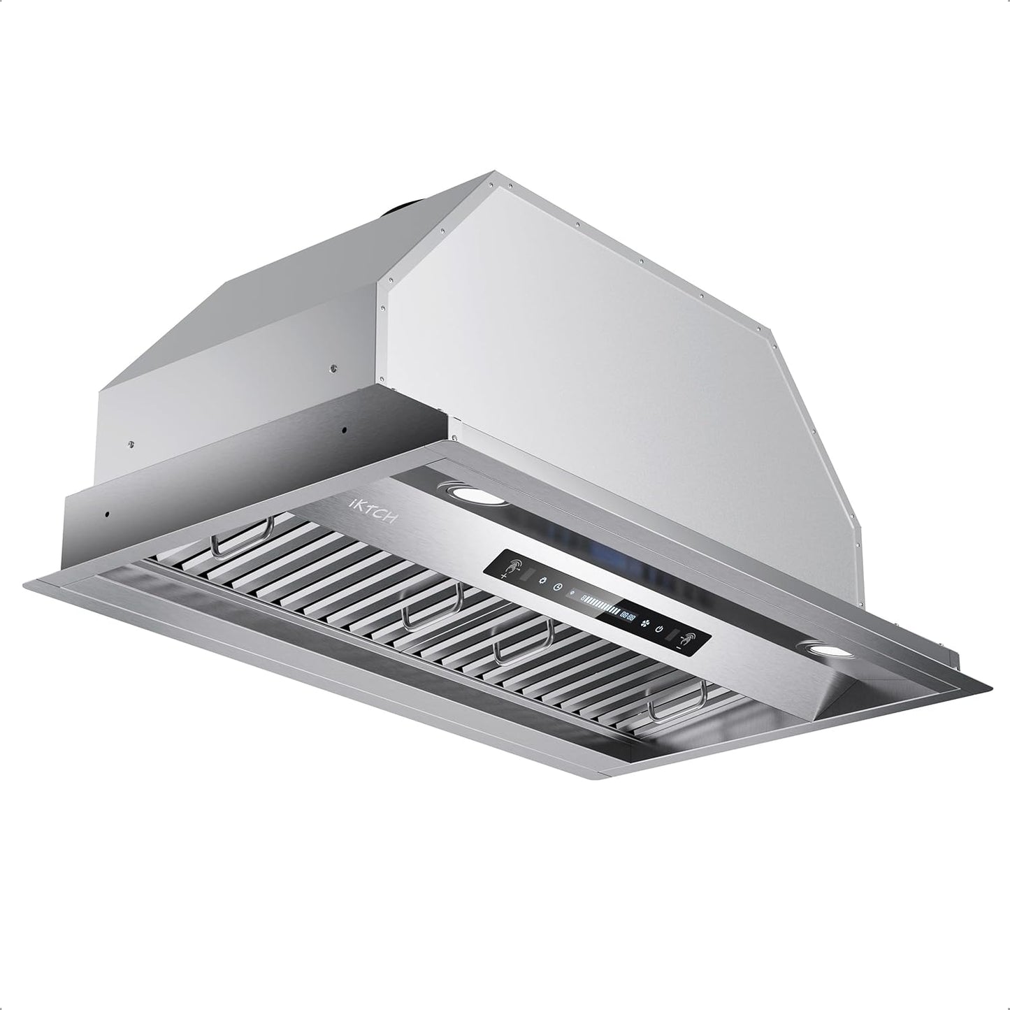 IKTCH 36 inch Built-in/Insert Range Hood 900 CFM, Ducted/Ductless Convertible Duct, Stainless Steel Kitchen Vent Hood with 2 Pcs Adjustable Lights and 3 Pcs Baffle Filters with Handlebar(IKB02-36'')