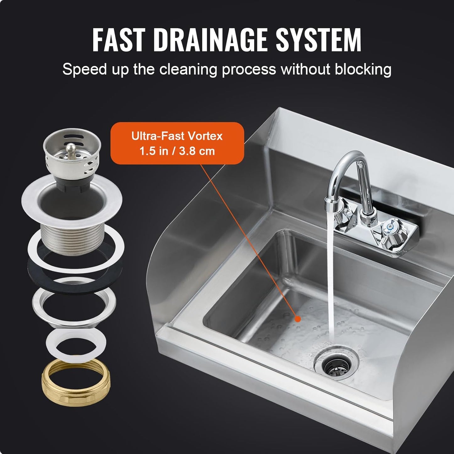 VEVOR Commercial Hand Sink 17x12.8 inch Stainless Steel Sink with Faucet & Side Splash, Wall-Mount Small Hand Basin for Restaurant, Kitchen, Bar, Garage, Home