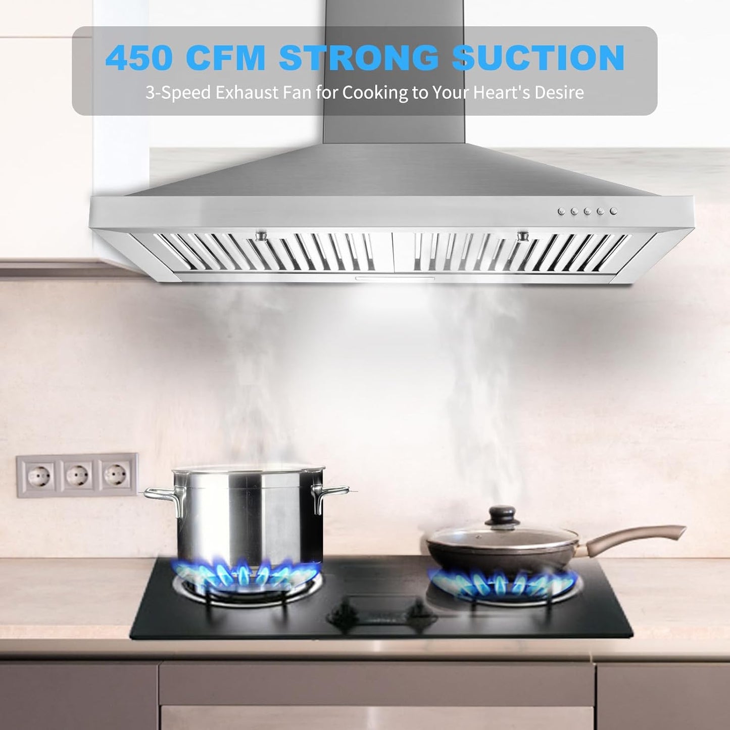 Range Hood, Range Hoods 30 inch Stainless Steel, 450 CFM Kitchen Hood with LED Light Baffle Filters, 3 Speed Exhaust Fan Vent Hood