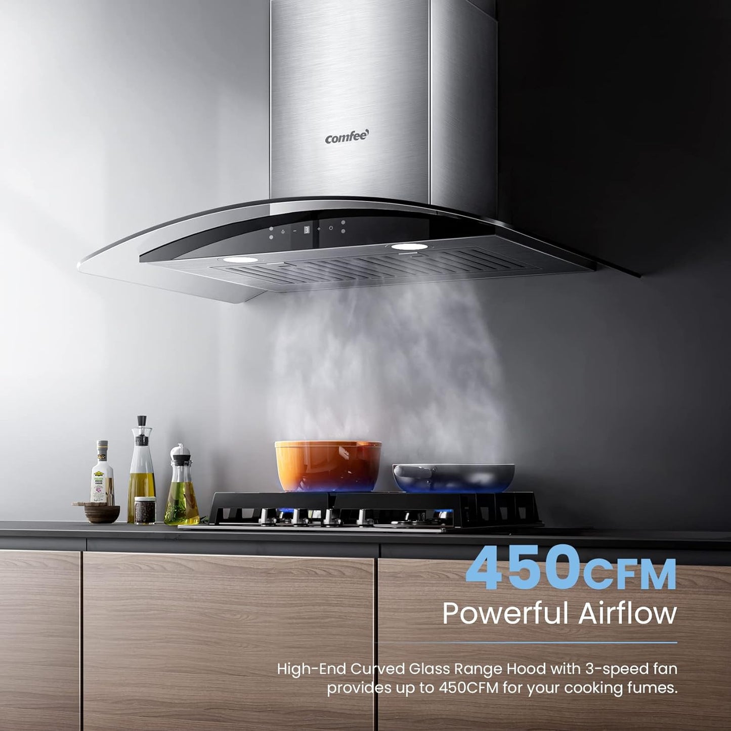 COMFEE' Curved Glass Range Hood 30 Inch 450 CFM 3 Speed Gesture Sensing &Touch Control Panel Stainless Steel kitchen Ductless/Ducted Convertible with Baffle Filters and 2 LED Lights (CVG30W9AST)