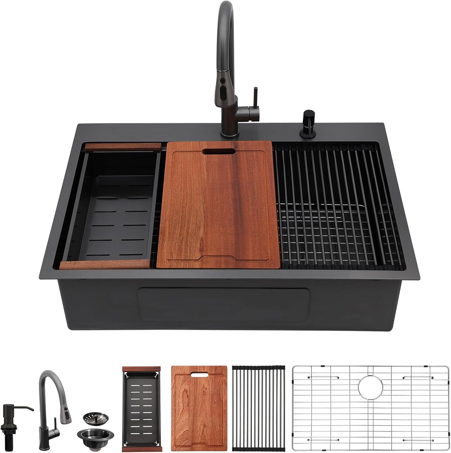 Lordear 33 Drop In Kitchen Sink Workstation 33x22 Kitchen Sinks Drop In Stainless Steel 16 Gauge Single Bowl Handmade Topmount Sink with Cutting Board