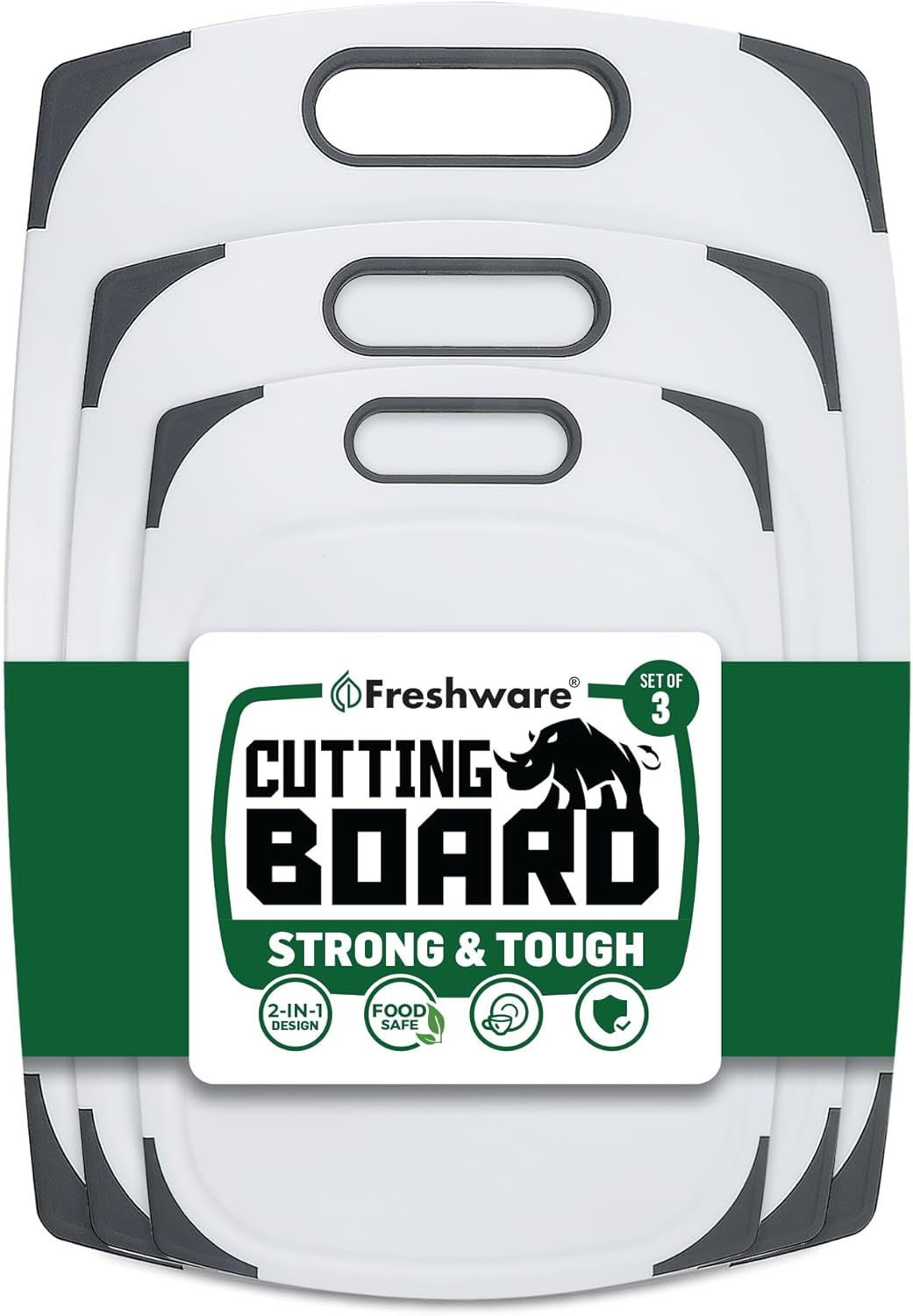 Freshware Cutting Boards for Kitchen, Chopping Board 3-Pack with Different Sizes, Juice Grooves and Non Slip Handles - Reversible, Large Cutting Board Set - Dishwasher Safe - Gray
