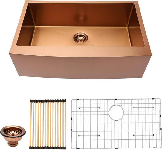 Lordear 33 inch Apron Front Farmhouse Kitchen Sink Copper Tone Bronze 16 Gauge Stainless Steel Deep Single Bowl Kitchen Farm Sink Basin
