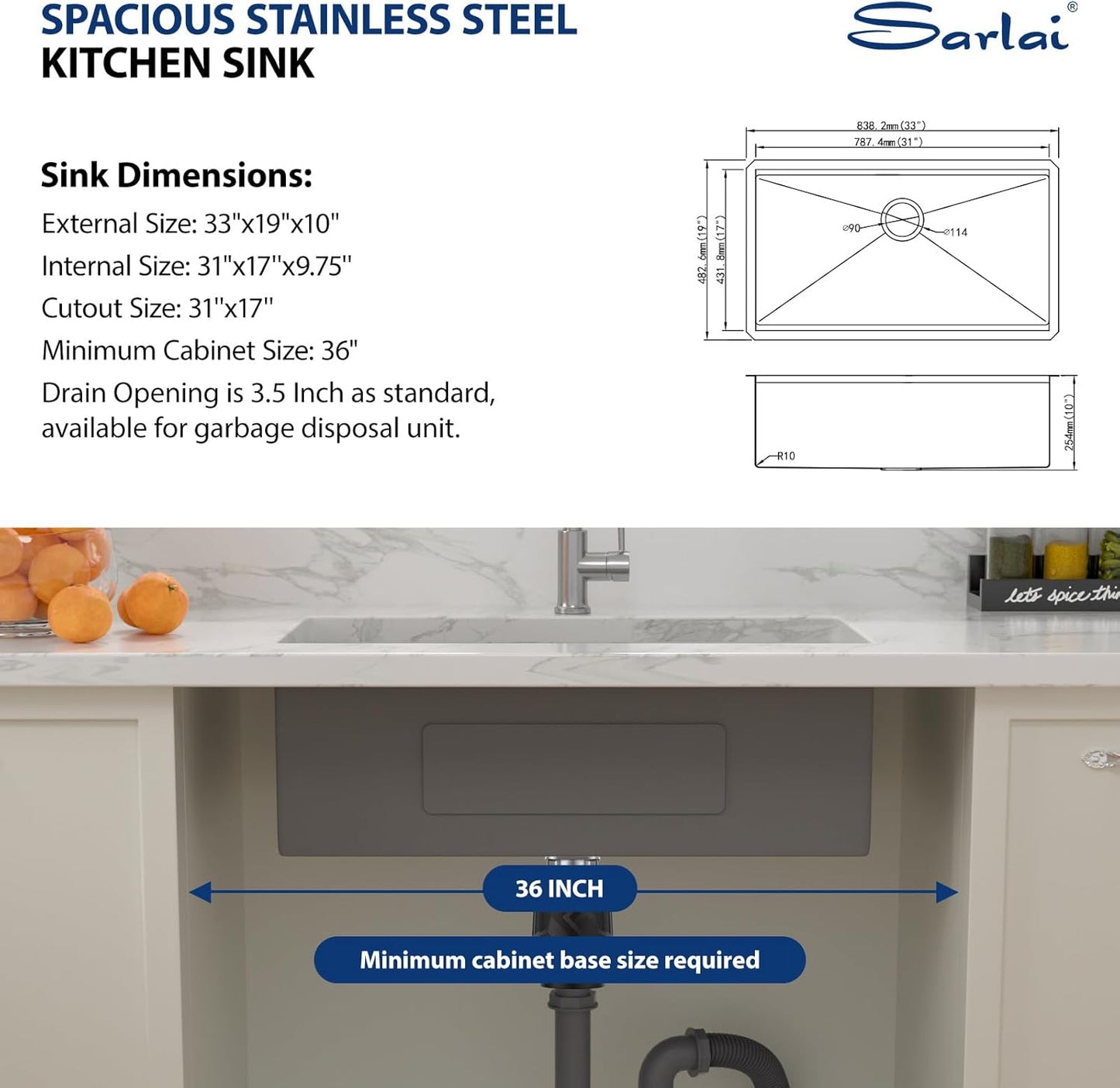 Sarlai 33 Undermount Sink Gold Stainless - 33" x19" Kitchen Sink Ledge Workstation Gold 16 Gauge Stainless Steel Deep Single Bowl Under Counter Rectangular Kitchen Sinks Basin