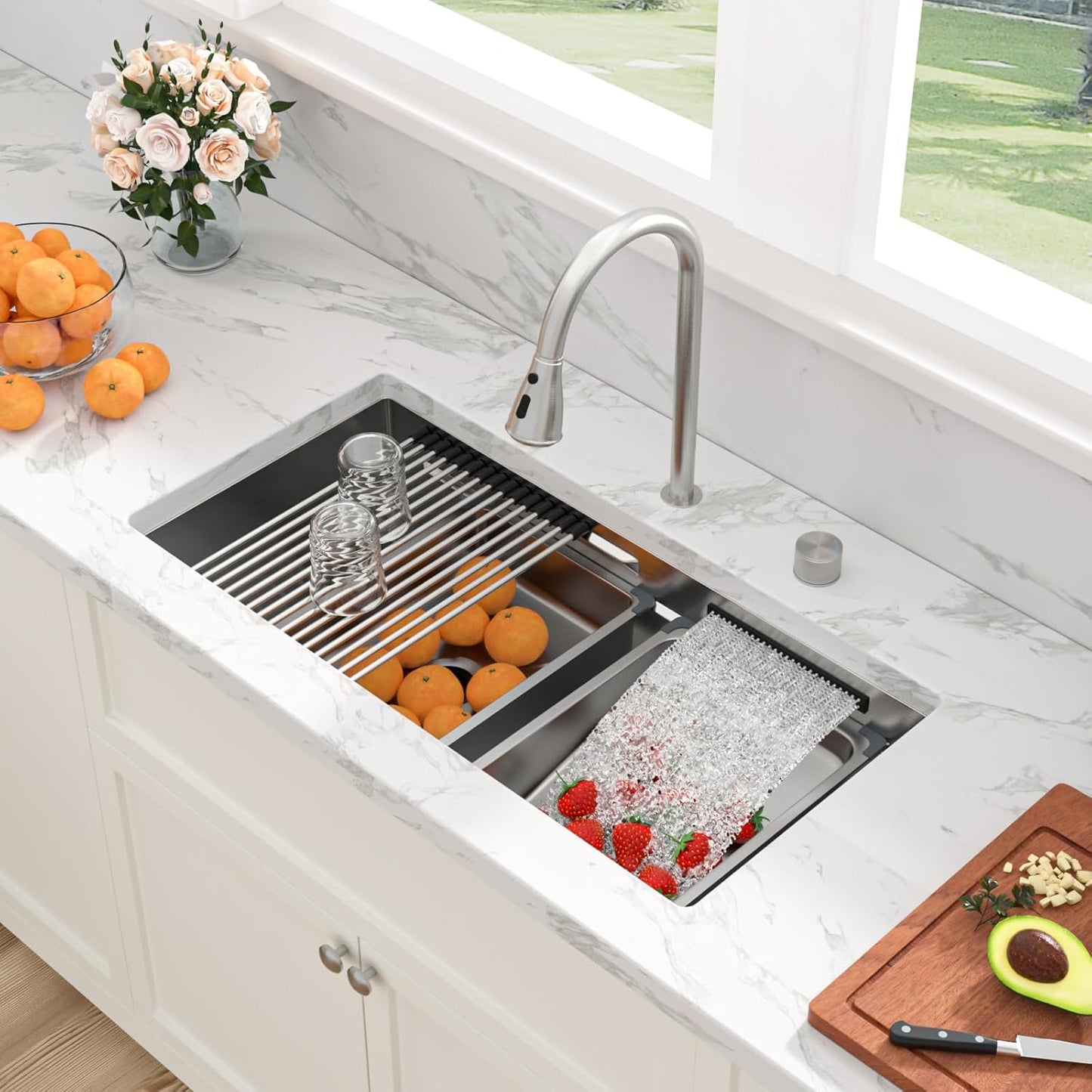 Sarlai 32 Inch Undermount Sink Stainless Steel Undermount Kitchen Sinks Workstation Single Bowl 16 Gauge Under Counter Kitchen Sink Basin 32x19x10 Inch