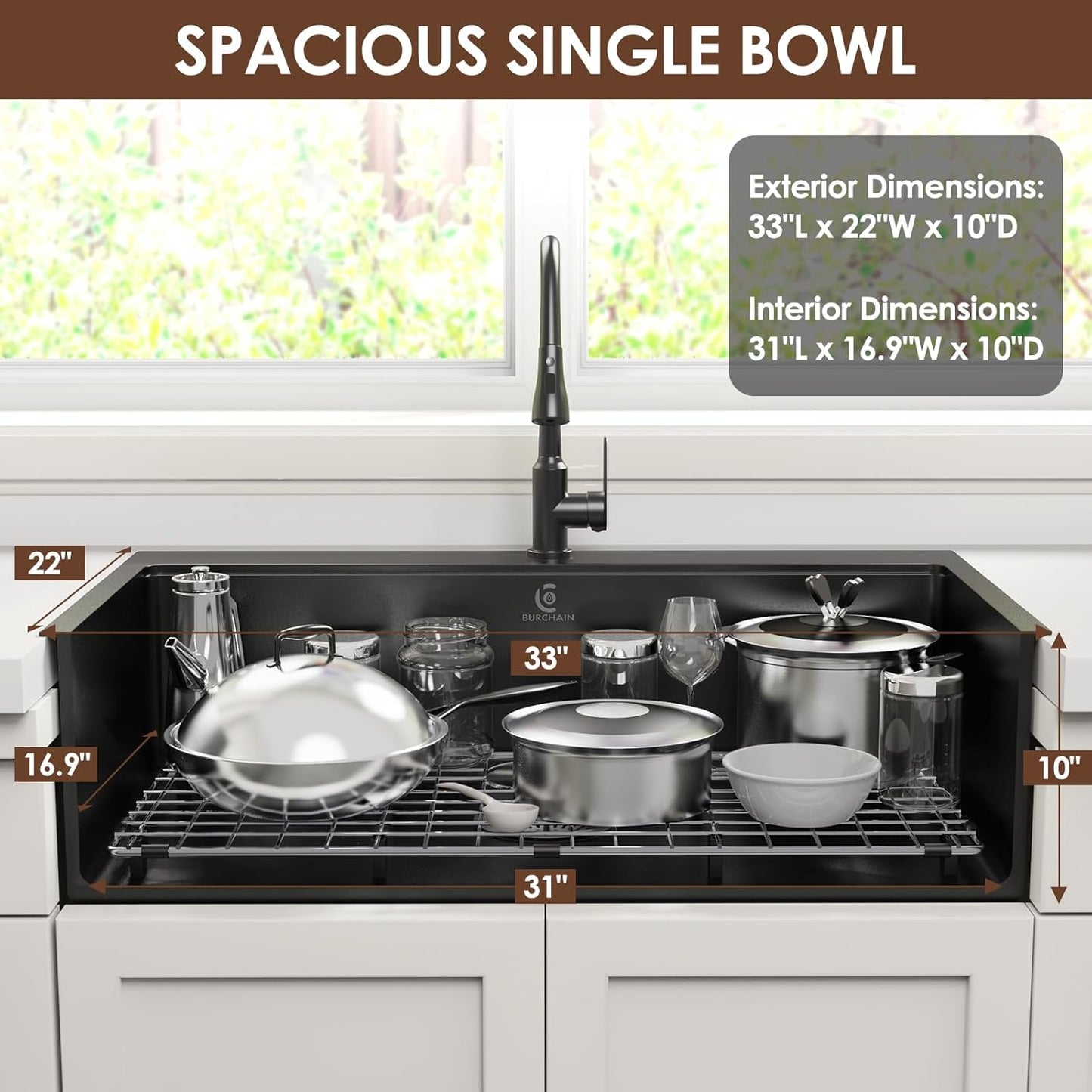 33x22 Inch Kitchen Sink Black Drop In Stainless Steel Kitchen Sinks 16 Gauge Single Bowl Workstation Luxury Top Mount Sink with 6 Accessories Include Glass Rinser (Black)