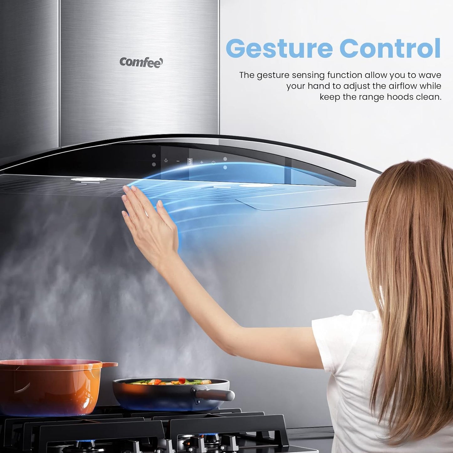 COMFEE' Curved Glass Range Hood 30 Inch 450 CFM 3 Speed Gesture Sensing &Touch Control Panel Stainless Steel kitchen Ductless/Ducted Convertible with Baffle Filters and 2 LED Lights (CVG30W9AST)