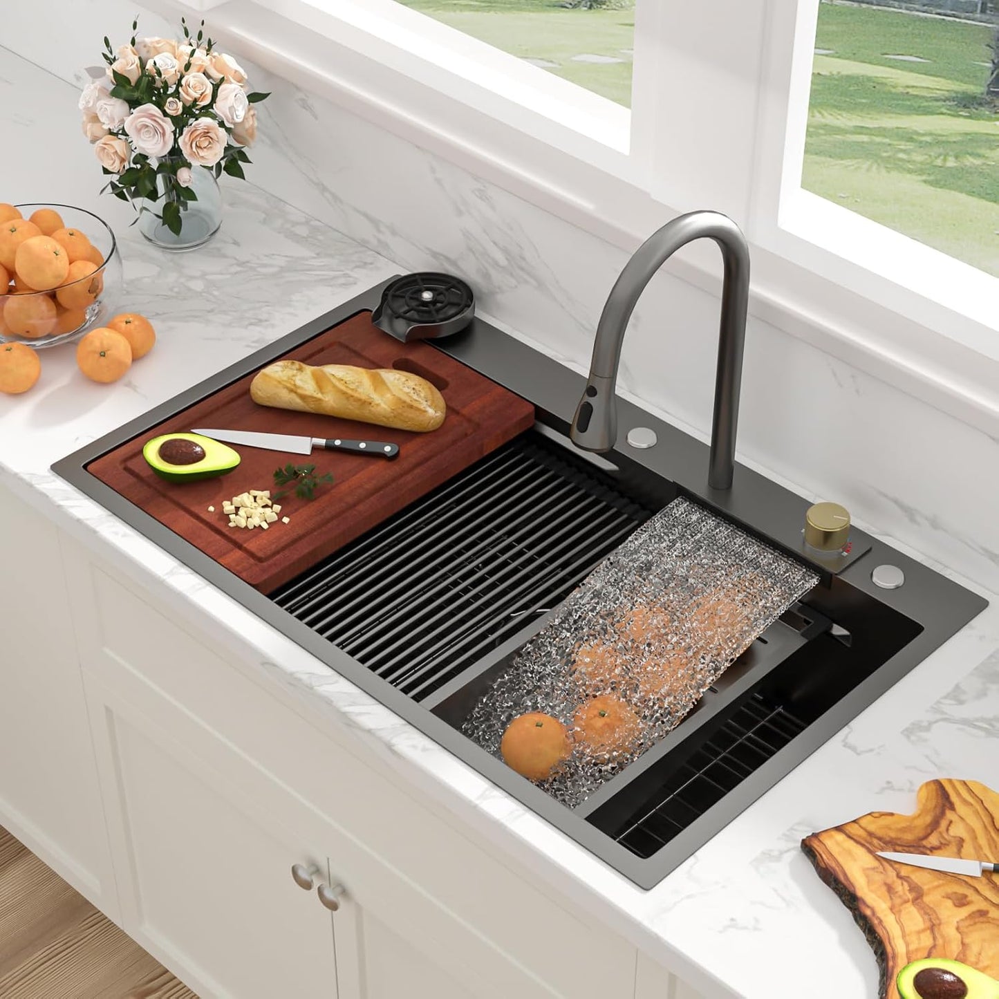 Sarlai 36 Inch Waterfall Kitchen Sink Workstation - 36x22 Waterfall Drop In Sink Stainless Steel 16 Gauge Sink Multifunction Single Bowl Smart Top Mount Kitchen Sinks with Faucet Combo