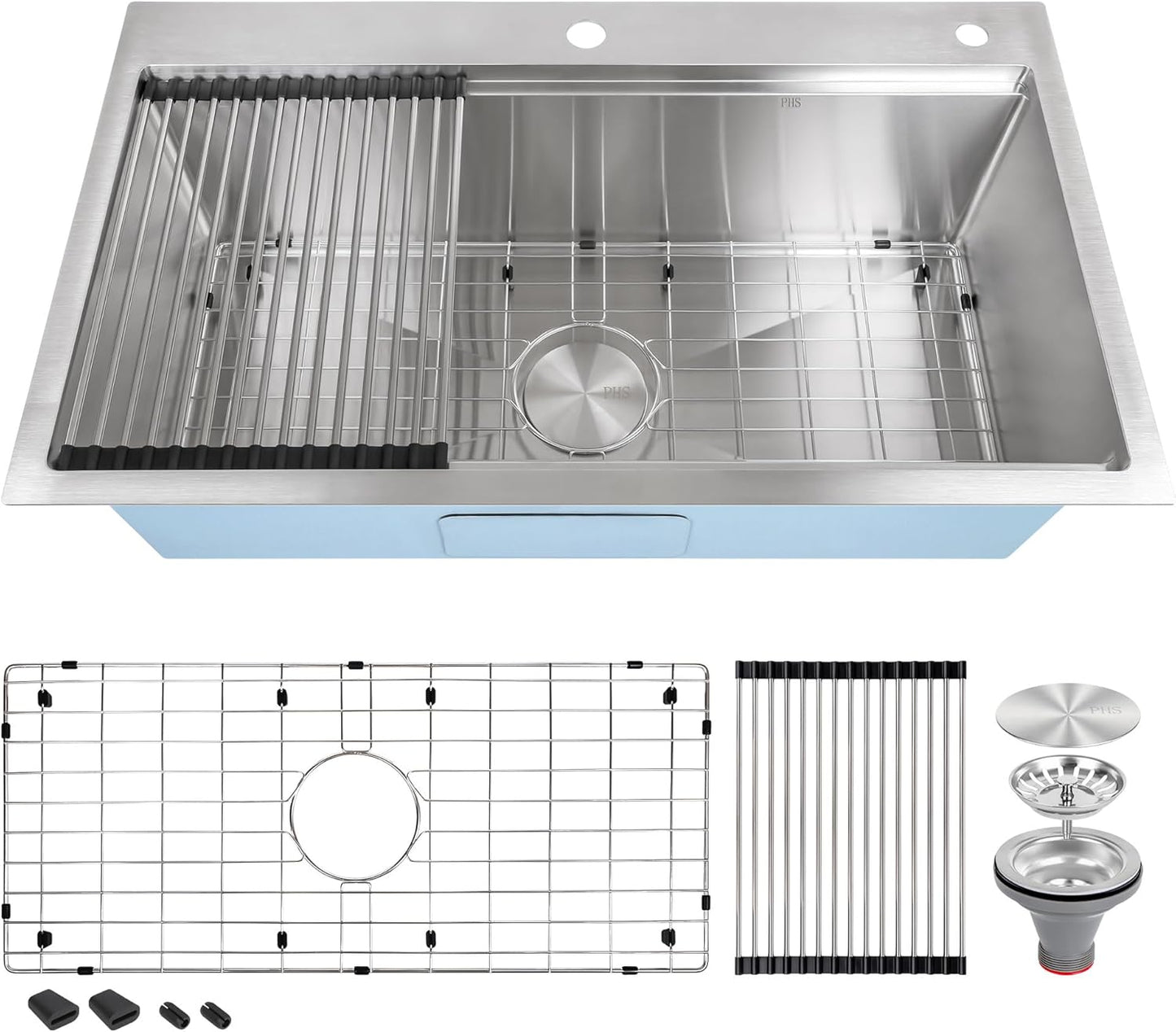 33 Inch Drop In Kitchen Sink Double Bowl-32x22 Top Mount Sink Double Stainless Steel 16 Gauge Deep 50/50 Handmade Double Bowl Sinks