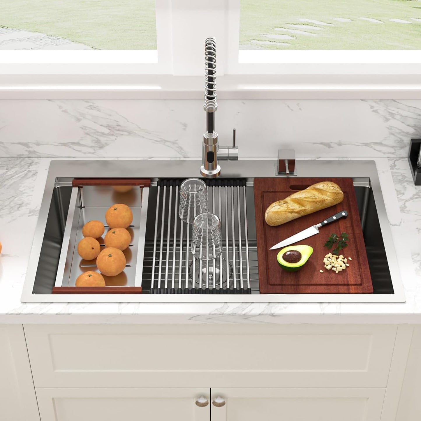 Sarlai 36 Inch Waterfall Kitchen Sink Workstation - 36x22 Waterfall Drop In Sink Stainless Steel 16 Gauge Sink Multifunction Single Bowl Smart Top Mount Kitchen Sinks with Faucet Combo