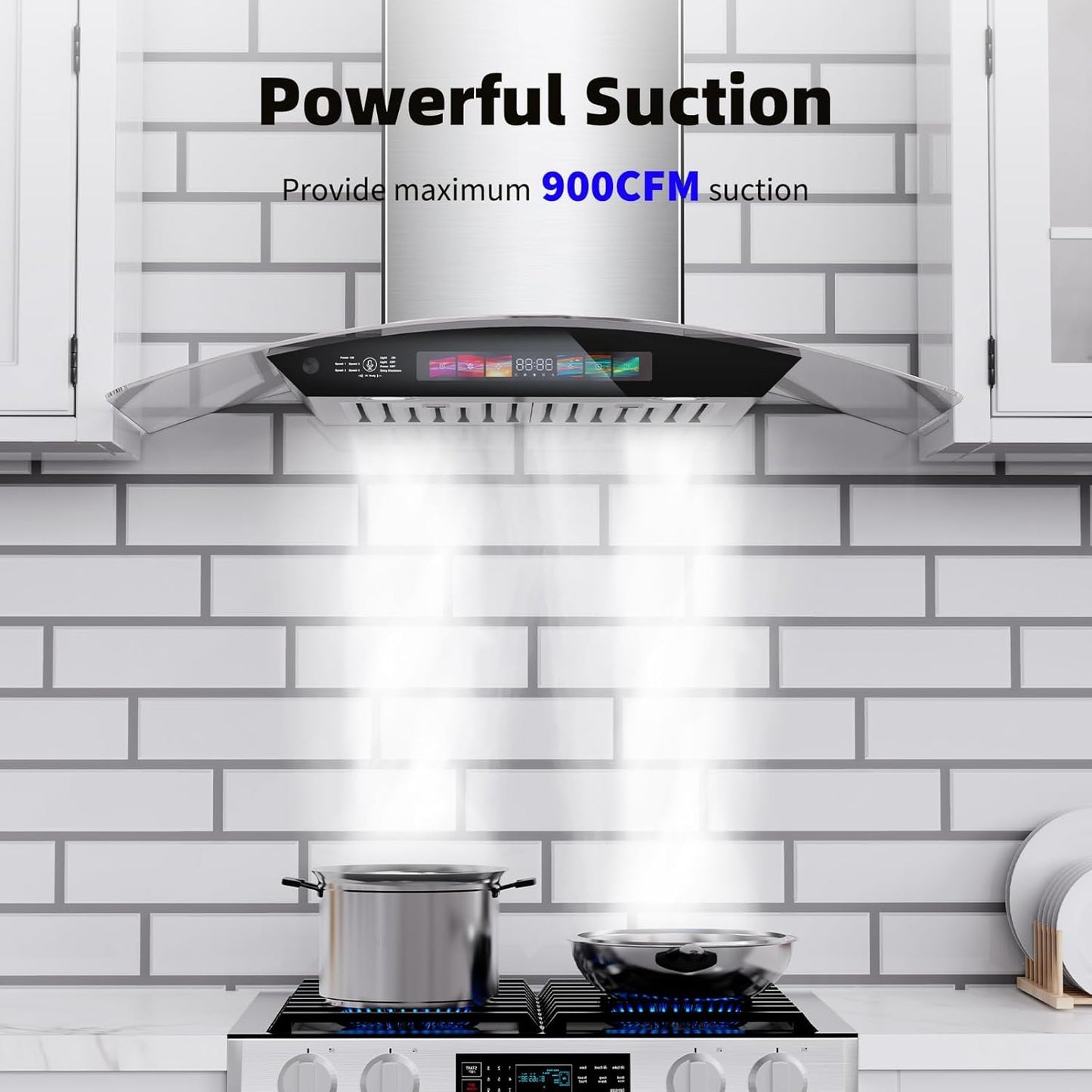 36 inch Wall Mount Range Hood Tempered Glass 900 CFM, Voice/Gesture/Touch Control, Stainless Steel Kitchen Hood Vent with 4 Speed Exhaust Fan, Adjustable Lights, Memory Mode