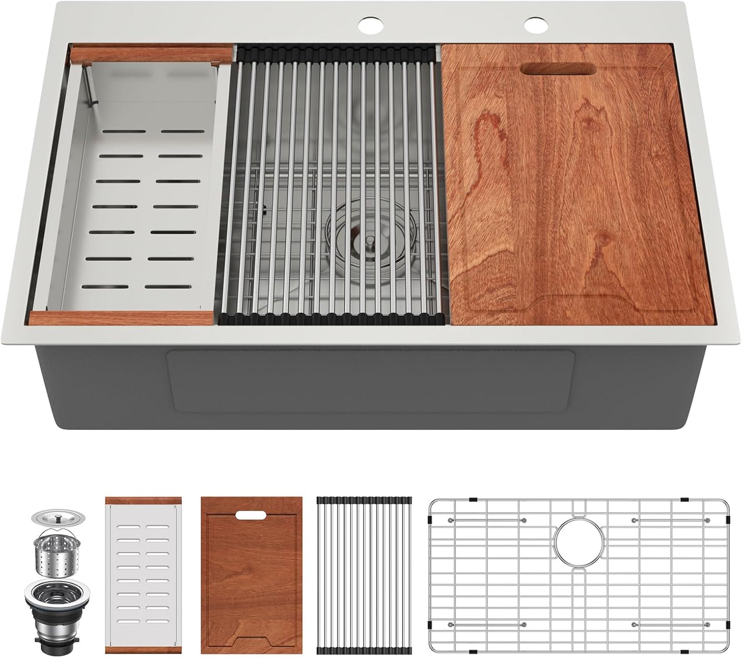 Lordear 33 Drop In Kitchen Sink Workstation 33x22 Kitchen Sinks Drop In Stainless Steel 16 Gauge Single Bowl Handmade Topmount Sink with Cutting Board