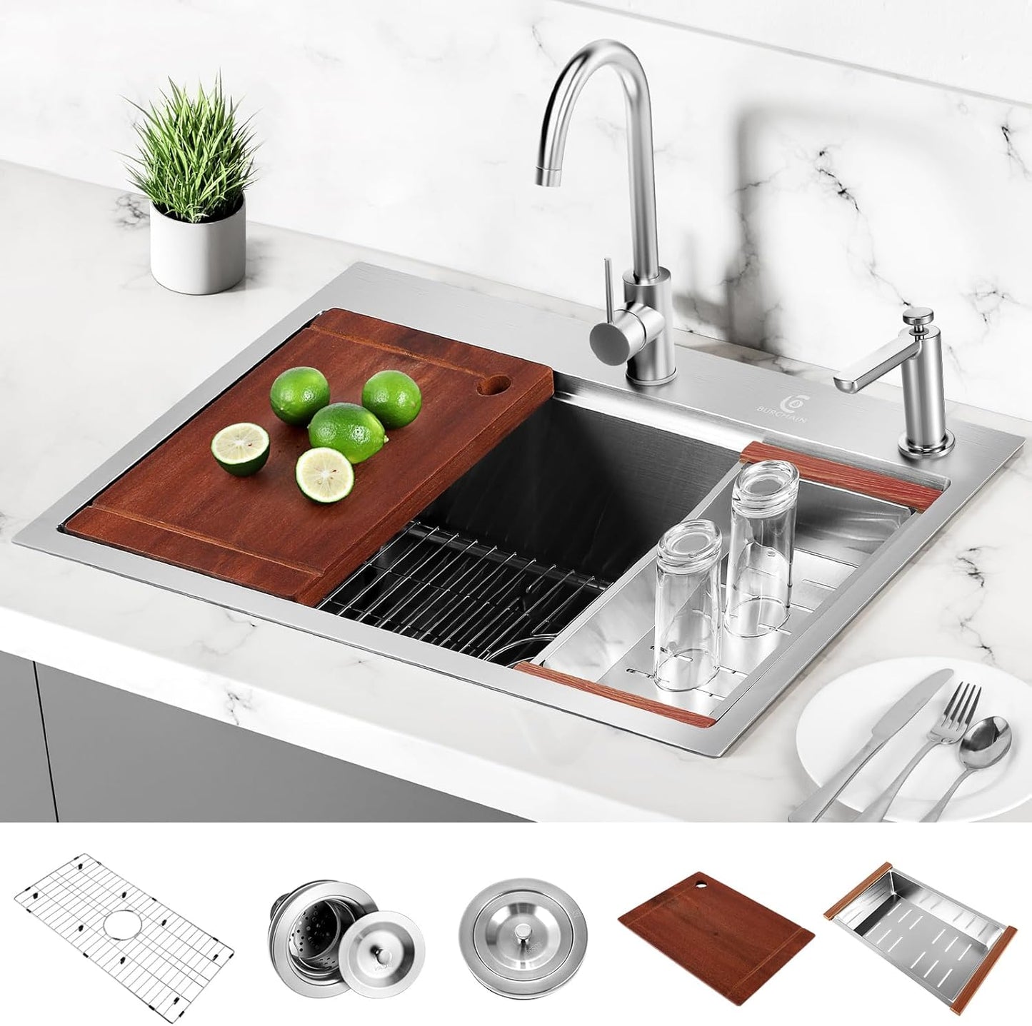 33x22 Inch Kitchen Sink Black Drop In Stainless Steel Kitchen Sinks 16 Gauge Single Bowl Workstation Luxury Top Mount Sink with 6 Accessories Include Glass Rinser (Black)
