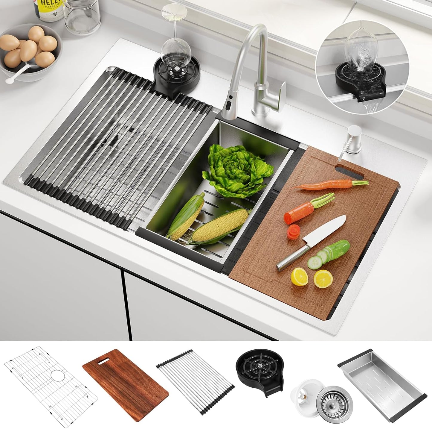 33x22 Inch Kitchen Sink Black Drop In Stainless Steel Kitchen Sinks 16 Gauge Single Bowl Workstation Luxury Top Mount Sink with 6 Accessories Include Glass Rinser (Black)