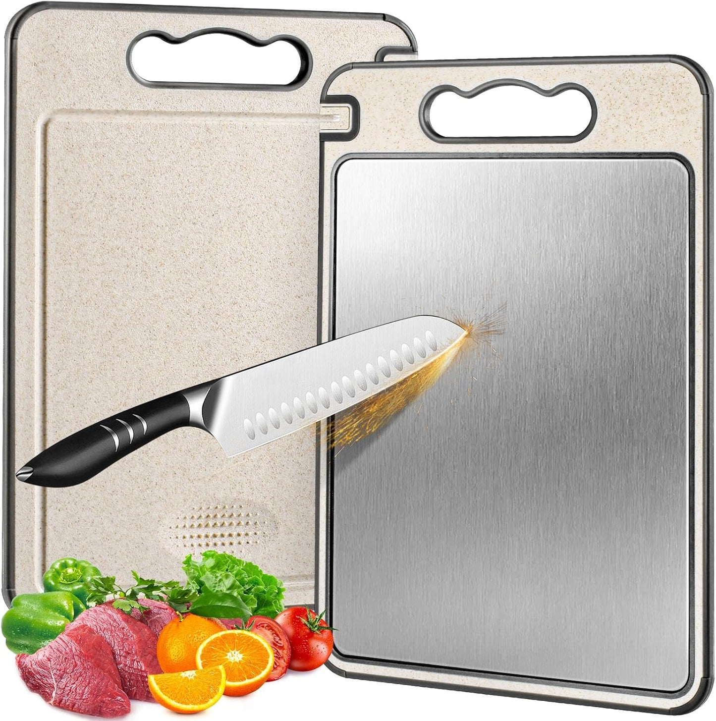 Stainless Steel Cutting Board for Kitchen, Non Toxic Large Chopping Board Double Sided Non-slip Scratch-resistant Mesh Design with Juice Groove Food-Grade Wheat Straw PP 15×10 In Easy to Clean