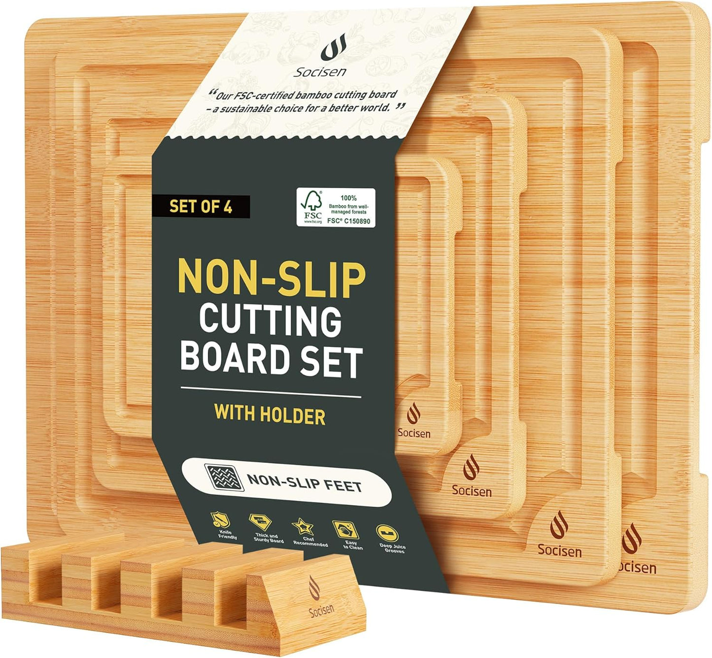 3 Packs Bamboo Cutting Board Set with Non Slip Feet Holder and Over Sink Nice Solid Thick Wood Juice Groove Chopping Board Extra Large Big Small Best Hardwood Kitchen Organic Vegetable Meat BBQ Kit