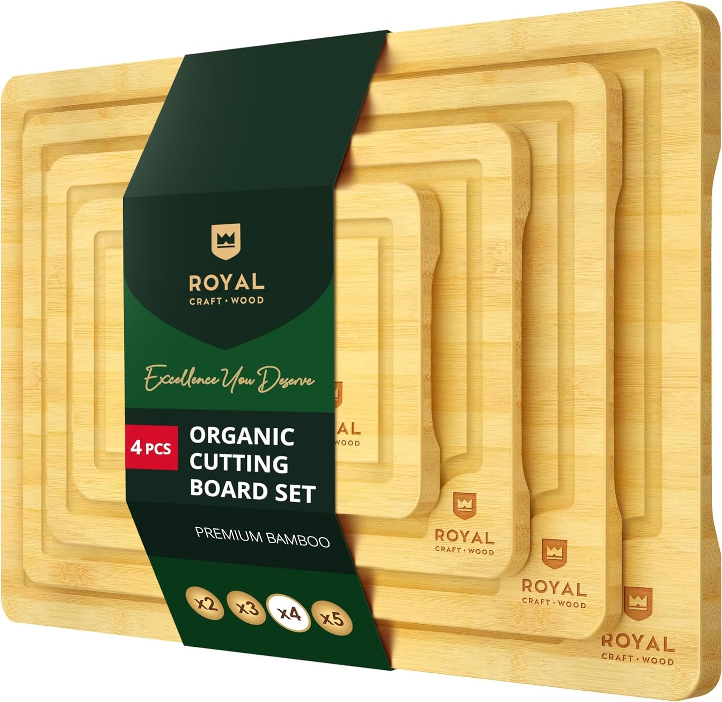 ROYAL CRAFT WOOD Wooden Cutting Boards for Kitchen Meal Prep & Serving - Bamboo Wood Serving Board Set with Deep Juice Groove Side Handles - Charcuterie & Chopping Butcher Block for Meat (3 Pcs)