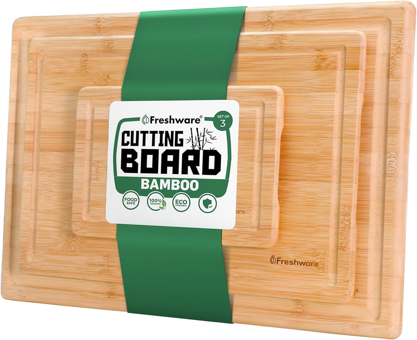 Bamboo Cutting Boards for Kitchen [Set of 3] Wood Cutting Board for Chopping Meat, Vegetables, Fruits, Cheese, Knife Friendly Serving Tray with Handles