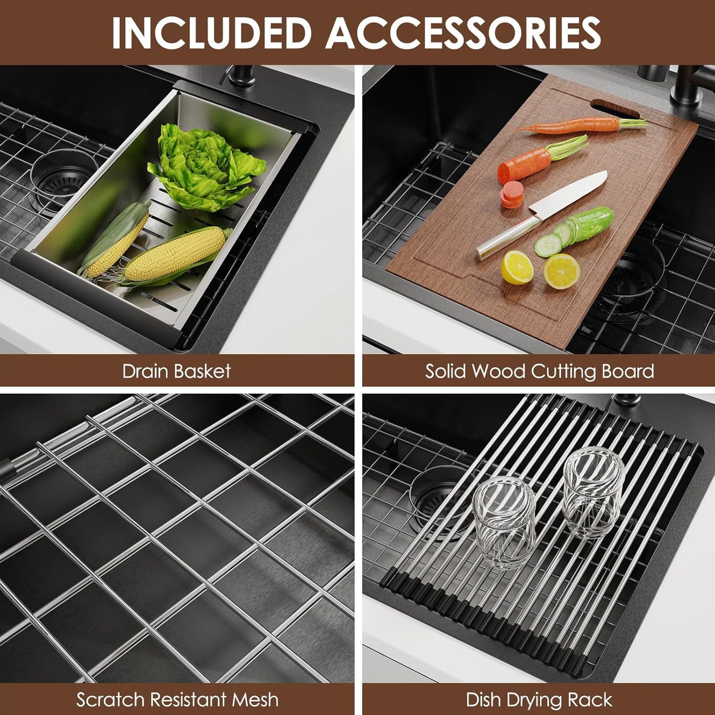 33x22 Inch Kitchen Sink Black Drop In Stainless Steel Kitchen Sinks 16 Gauge Single Bowl Workstation Luxury Top Mount Sink with 6 Accessories Include Glass Rinser (Black)