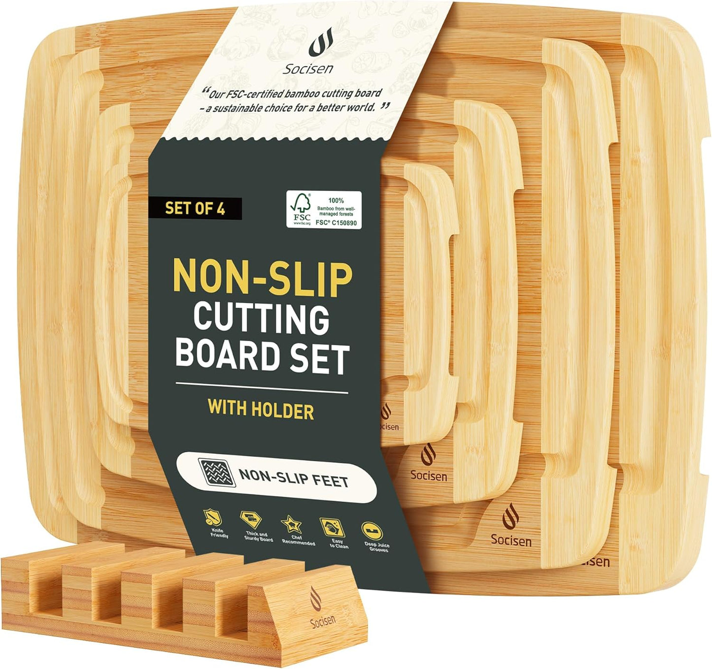 3 Packs Bamboo Cutting Board Set with Non Slip Feet Holder and Over Sink Nice Solid Thick Wood Juice Groove Chopping Board Extra Large Big Small Best Hardwood Kitchen Organic Vegetable Meat BBQ Kit