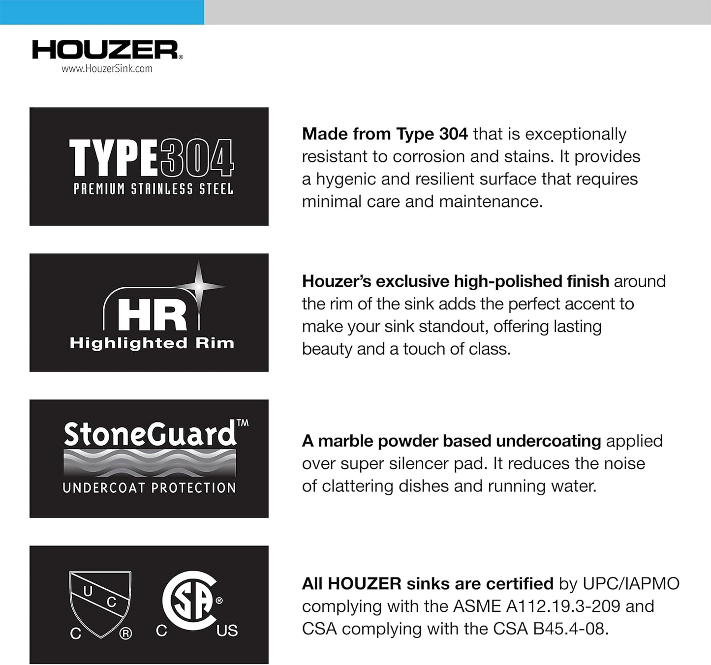 Houzer Stainless Steel 2522-8BS3-1 Glowtone Series Kitchen Sink - 25" Topmount Drop In Multipurpose Sink, Single Bowl Basin, 3 Hole, Ideal for Workstation, RV, Outdoor Kitchen, or Bar